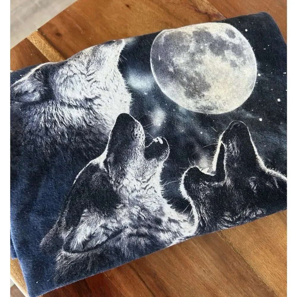 Vintage Wolf Graphic T Shirt Mens 3XL Blue Moon Nature Animal Y2K Streetwear
